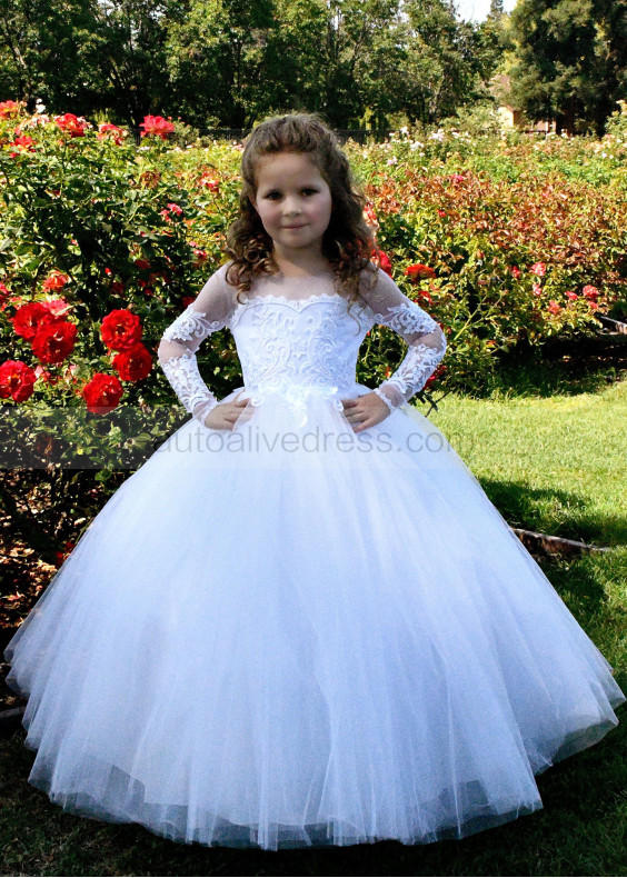 Long Sleeves White Lace Tulle Floor Length Flower Girl Dress